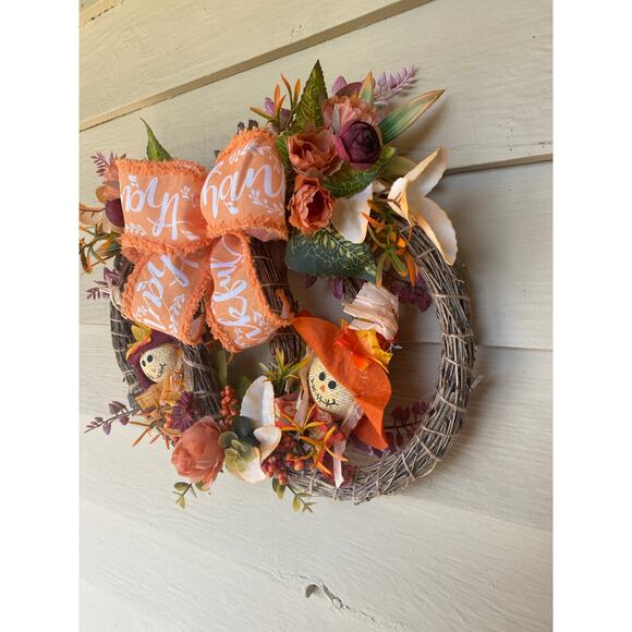 Fall Pumpkin Bamboo Wreath with Scarecrows, Thankful Bow & Autumn Florals - Picture 3 of 9